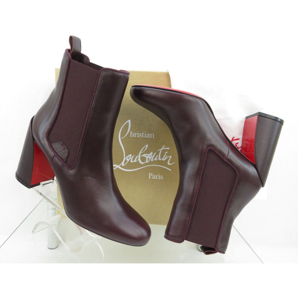 $1195 LOUBOUTIN TURELASTIC 85 MERLOT LOGO LEATHER CHELSEA HEEL ANKLE BOOTS 40 - Picture 2 of 12